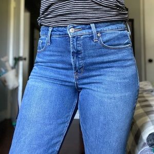 High rise, slim straight blue jeans